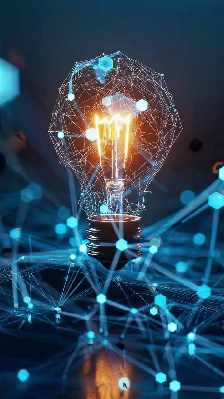 Futuristic video concept of a glowing light bulb with a digital network ...