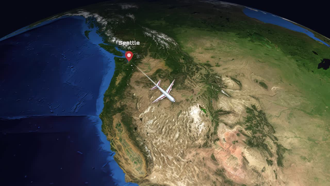 Satellite view animation follows a commercial airplane flying from Seattle south to Mexico City