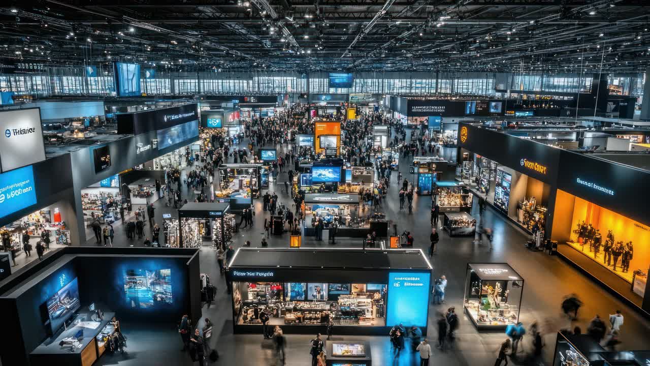 High-angle shot of a bustling tech expo, showcasing various booths and attendees