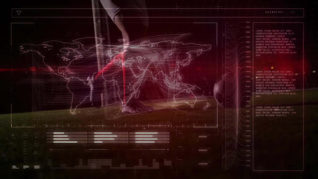 Male athlete tapping ball, dribbling and kicking ball with red overlay pulsing map for sports tech