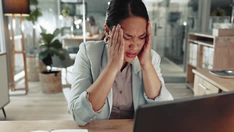 business woman, burnout and headache in office