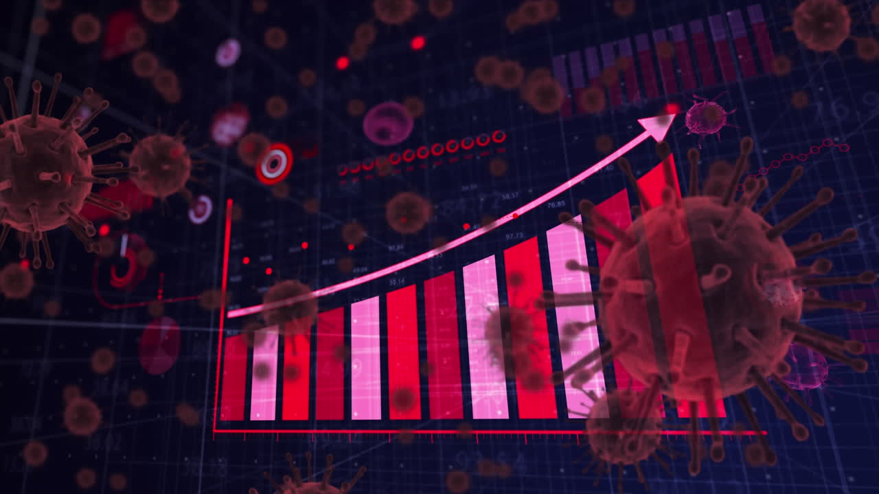 gráfico y bacterias de coronavirus volando sobre el fondo de gradiente.