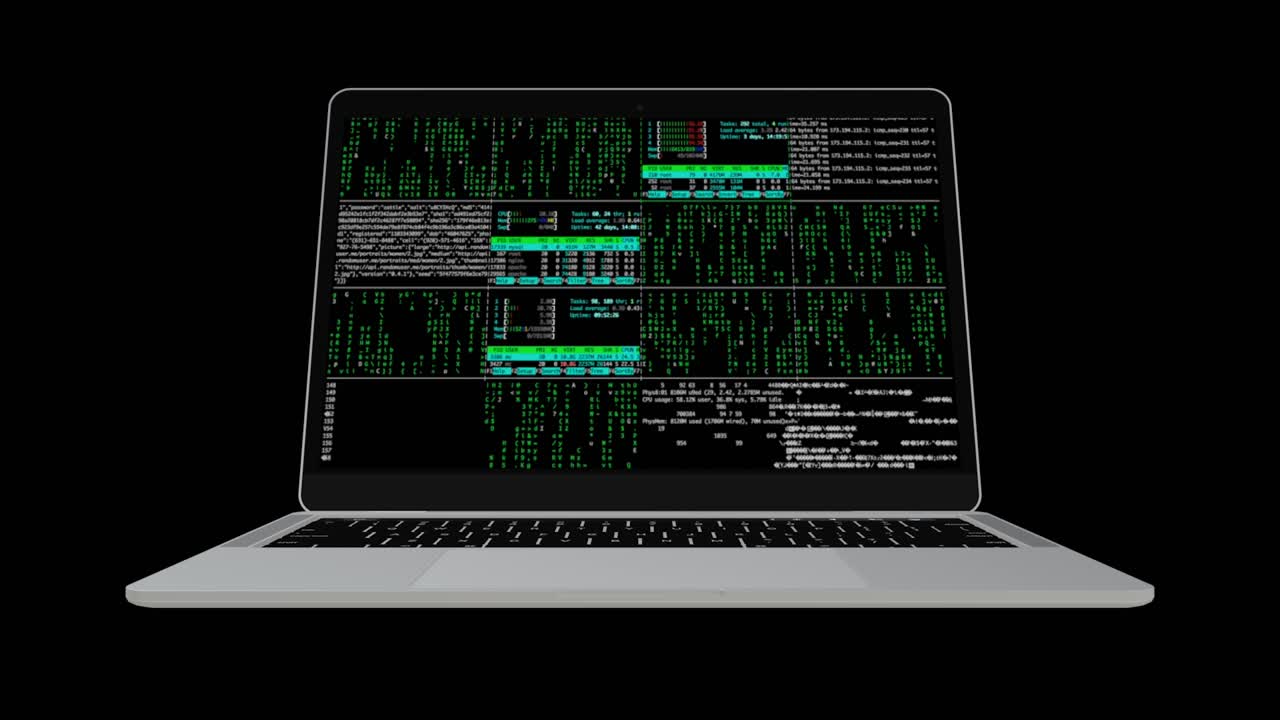 Laptop opens and closes, displaying green code on screen, cybersecurity theme