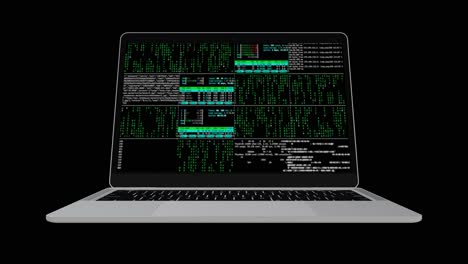 laptop opens and closes, displaying green code on screen, cybersecurity theme