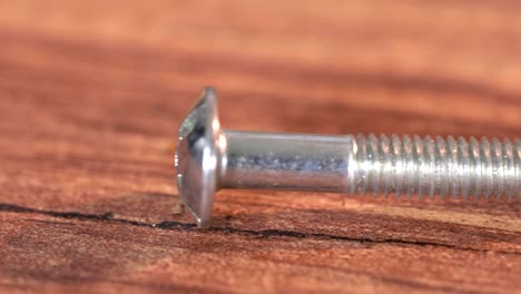 steel screw on wooden table. screw production, heap of metal details, close up shot