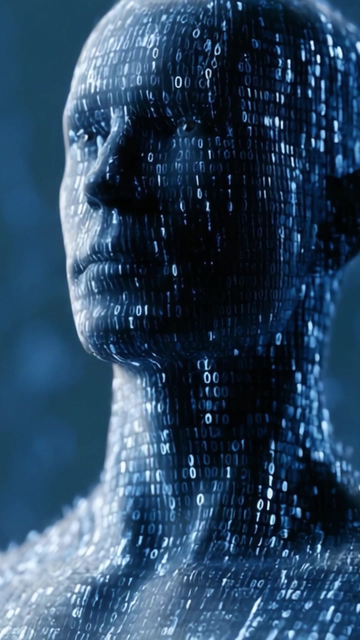 Exploration of Digital Identity: A Transformation of Human Form into a Binary Representation, Merging Technology and Humanity in a Stunning Visual Display