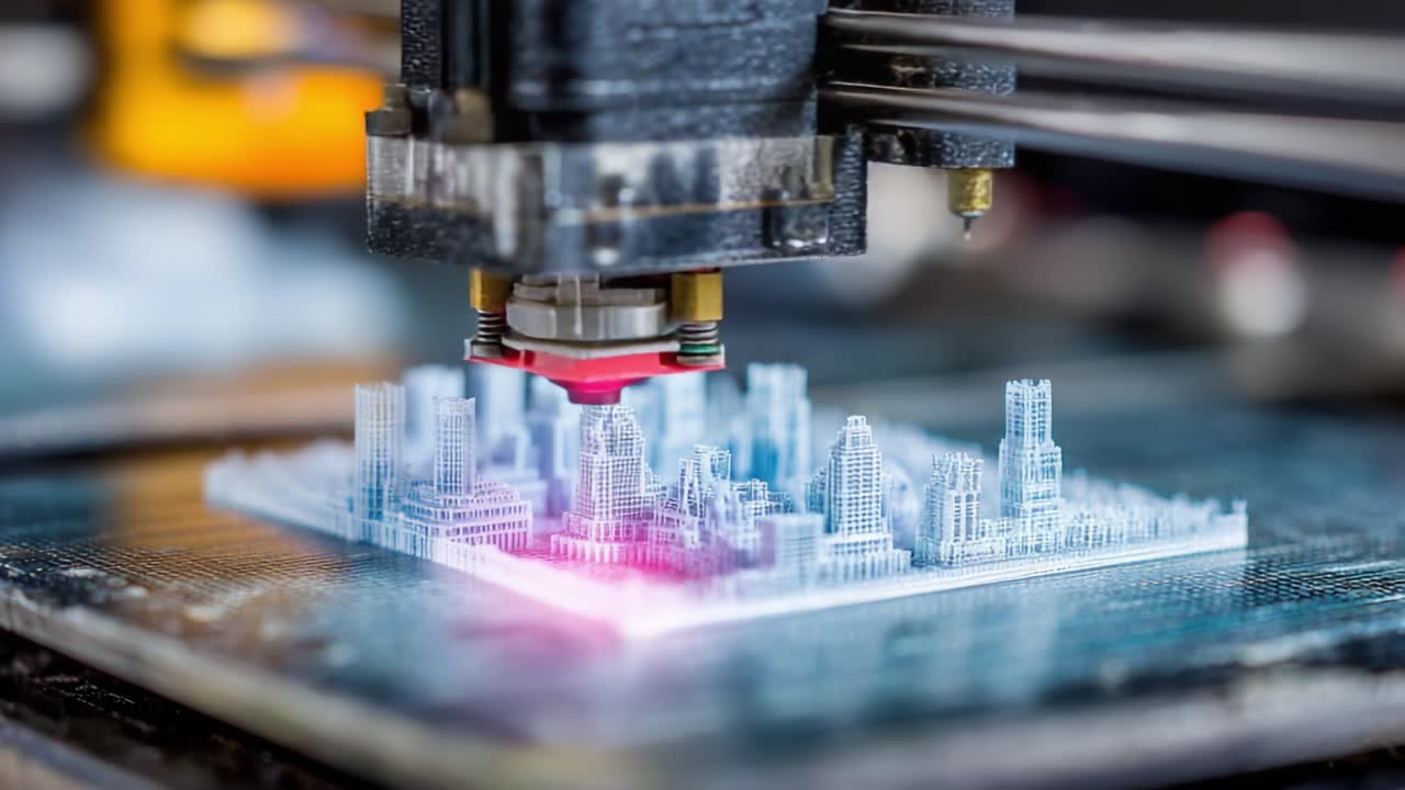 Advanced 3D Printing Process Captured: A Close-Up View of a 3D Printer Creating a Complex Architectural Model from Digital Data