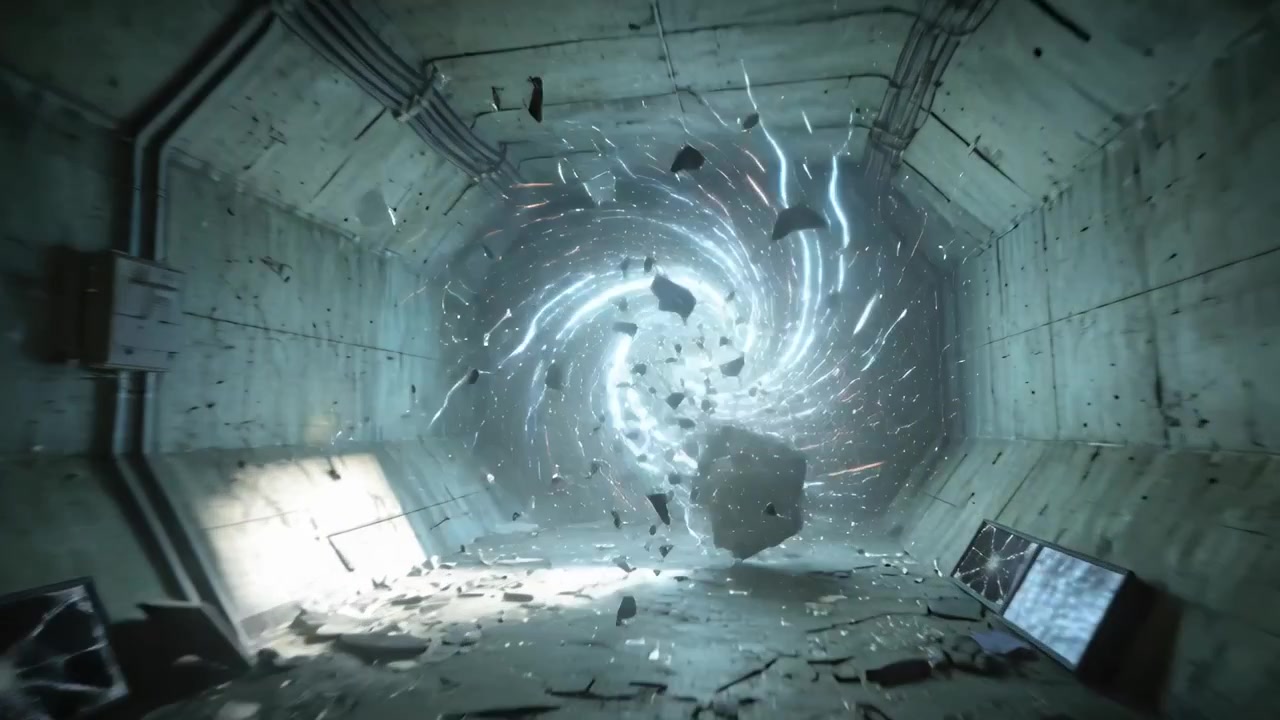 Intensifying blue vortex pulling wood crate and CRT monitors toward utility tunnel core, sparking