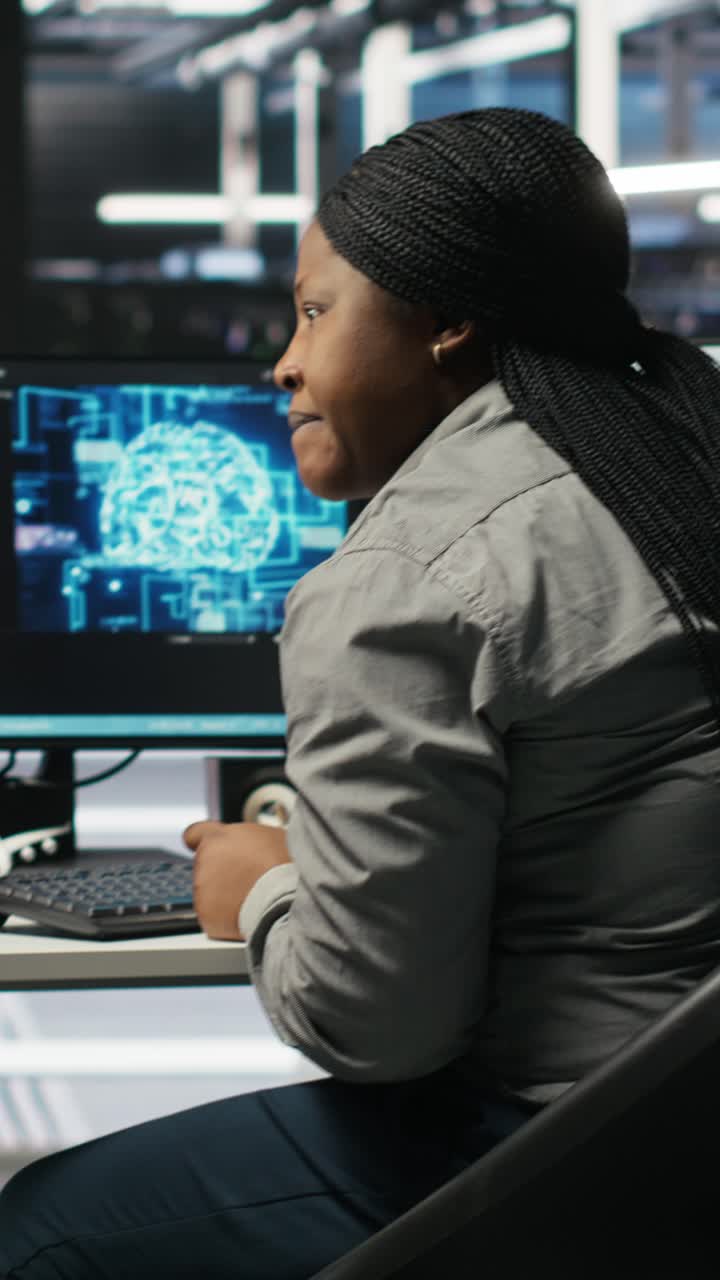 Vertical Video Data Center Coworkers Doing Brainstorming, Using Artificial Intelligence