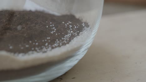 a young female botanist creates a tiny live forest ecosystem in a huge glass jar - putting the white decorative sand layer - a tight close-up