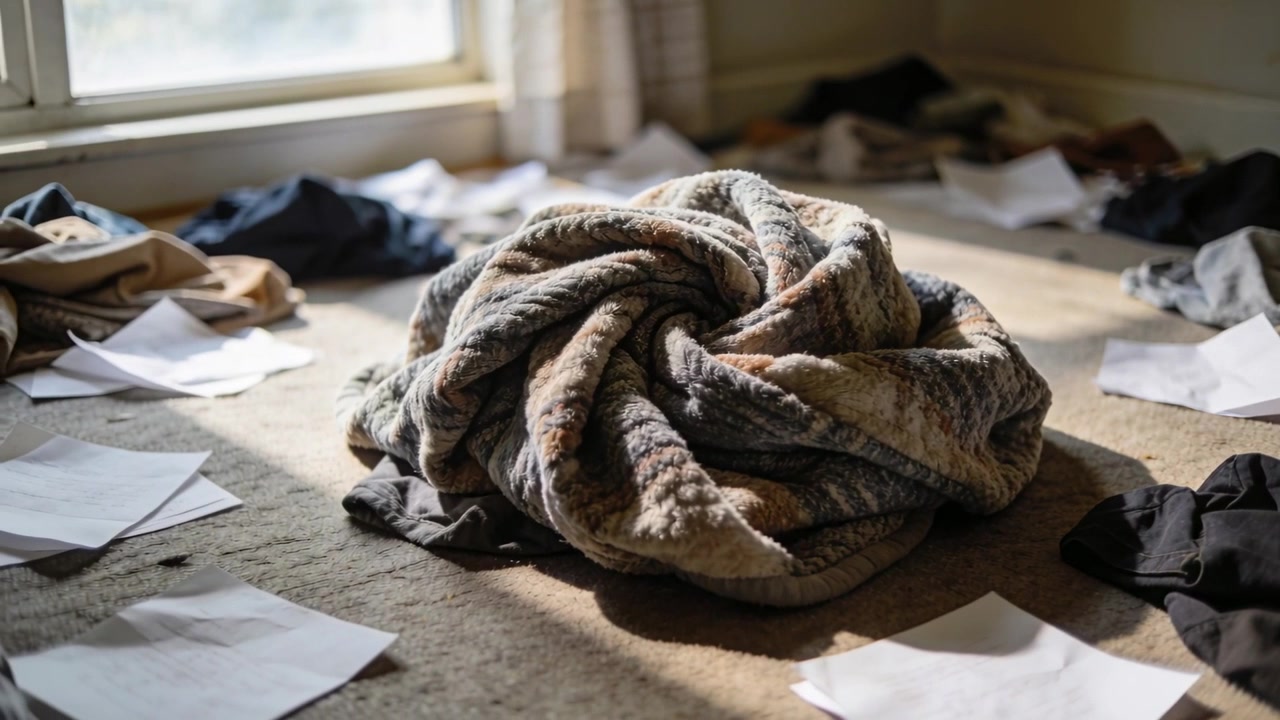 Telecamera che zooma e si concentra su una coperta annodata sul tappeto vicino alla finestra, evidenziando carte e vestiti.