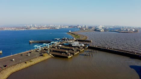 the waterfront, with docks and the city skyline in the distance, aerial view