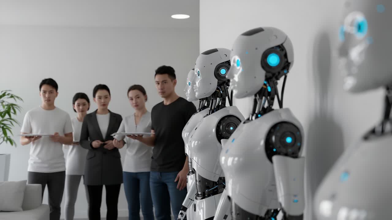 A Group of People Observing Advanced Humanoid Robots in a Modern Setting, Highlighting the Intersection of Technology and Human Interaction