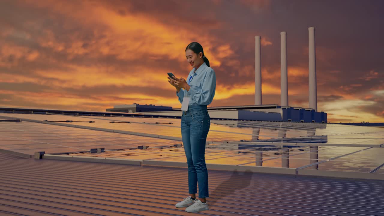 Vista lateral de cuerpo entero de una mujer asiática con su teléfono, inspeccionando paneles solares en un tejado al atardecer, trabajando continuamente con su teléfono.