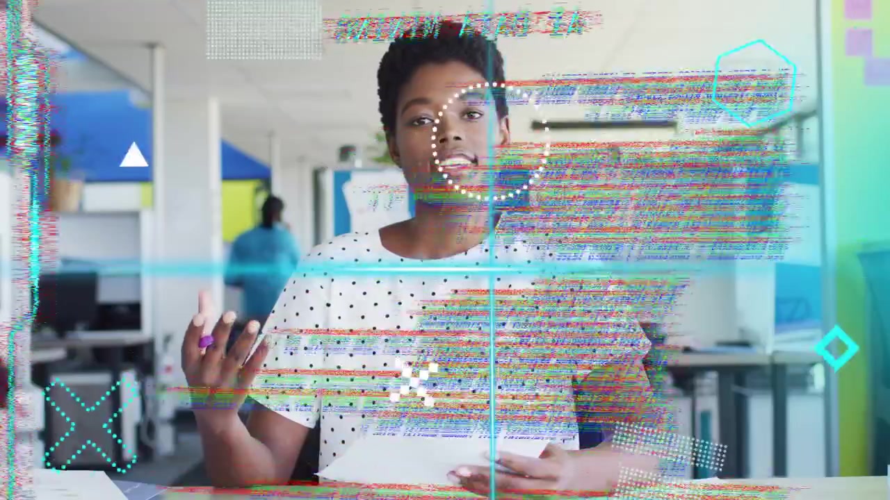 Woman reading notes, looking up in office, explaining and gesturing while HUD crossing face, fading