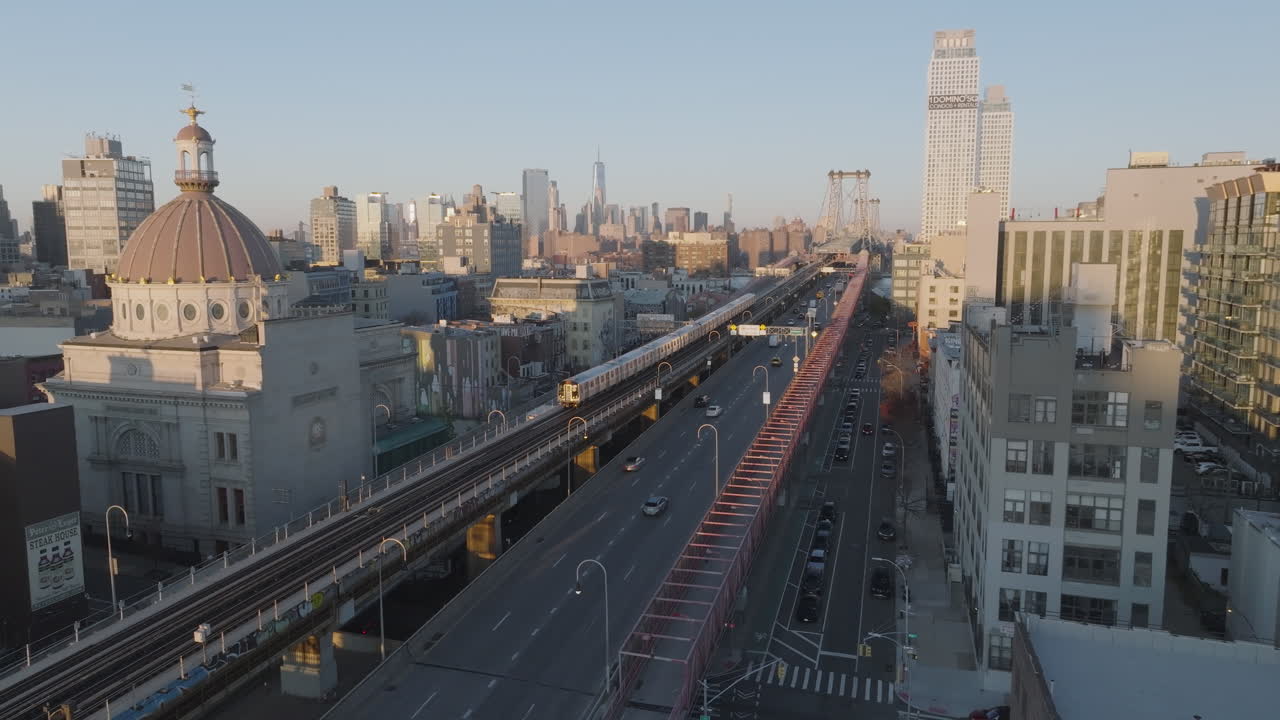 브루클린 지하철의 공중 풍경, 뉴욕의 한 가을 아침에 찍은 사진.