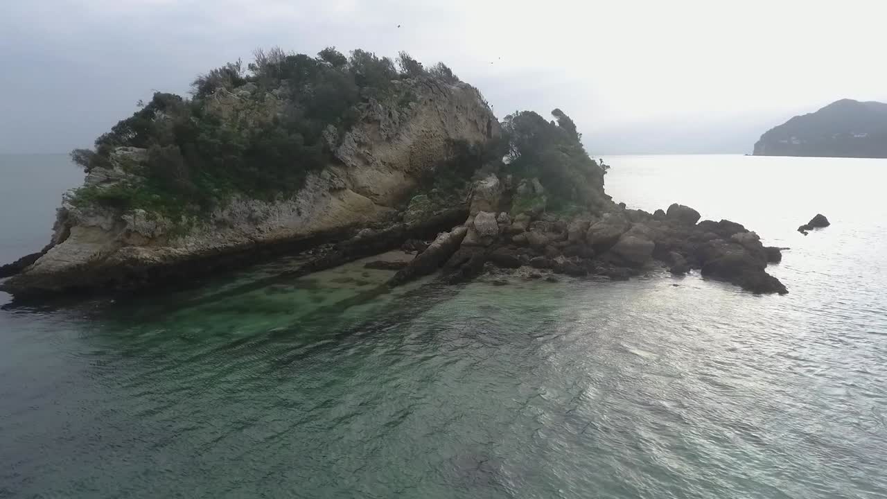 Rotation aerial view showing the zoological reserve Pedra da Anicha (in the beauty Arrabida Natural Park, Portugal), with many seagulls flying around