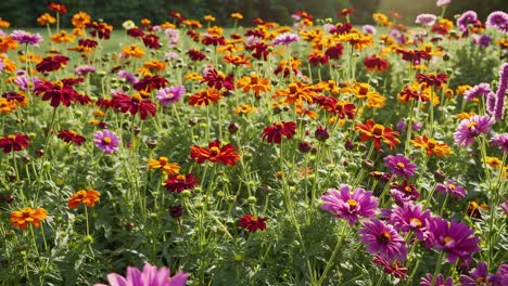 vibrant cosmos flowers blooming in a variety of colors create a stunning display within a summer garden, basking in the warm glow of sunlight and showcasing nature's beauty