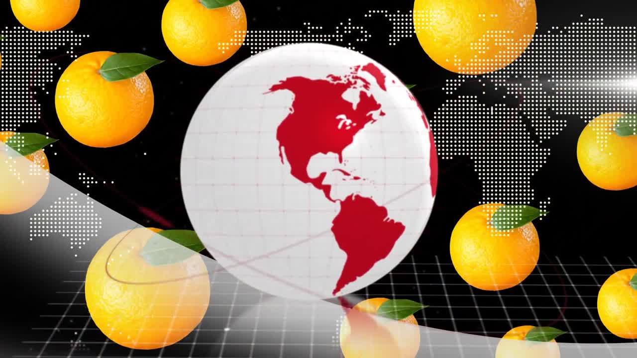배경에서 지도를 형성하는 점에 대항하여 떠다니는 오렌지 위에 전 세계를 둘러싼 빨간 선의 복합