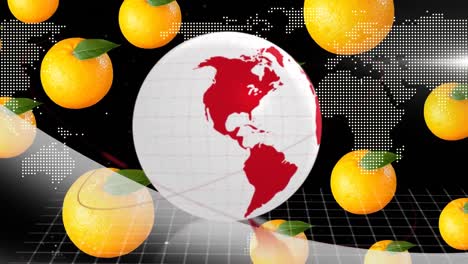 Composite-of-red-lines-around-globe-over-floating-oranges-against-dots-forming-map-in-background