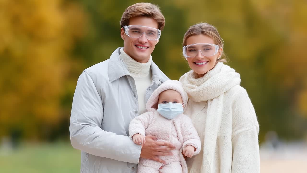 A Happy Family Portrait During Autumn: A Young Couple with Their Baby Wearing Masks in Protective Eyewear Against a Colorful Fall Background