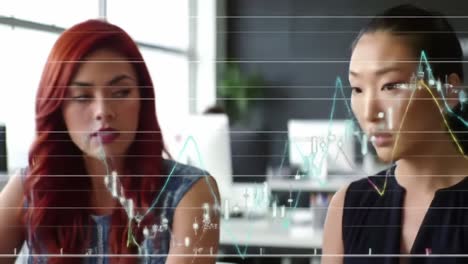 two professionals analyzing market trends and data with focused expressions in an office environment, representing analytical skills and strategic decisions
