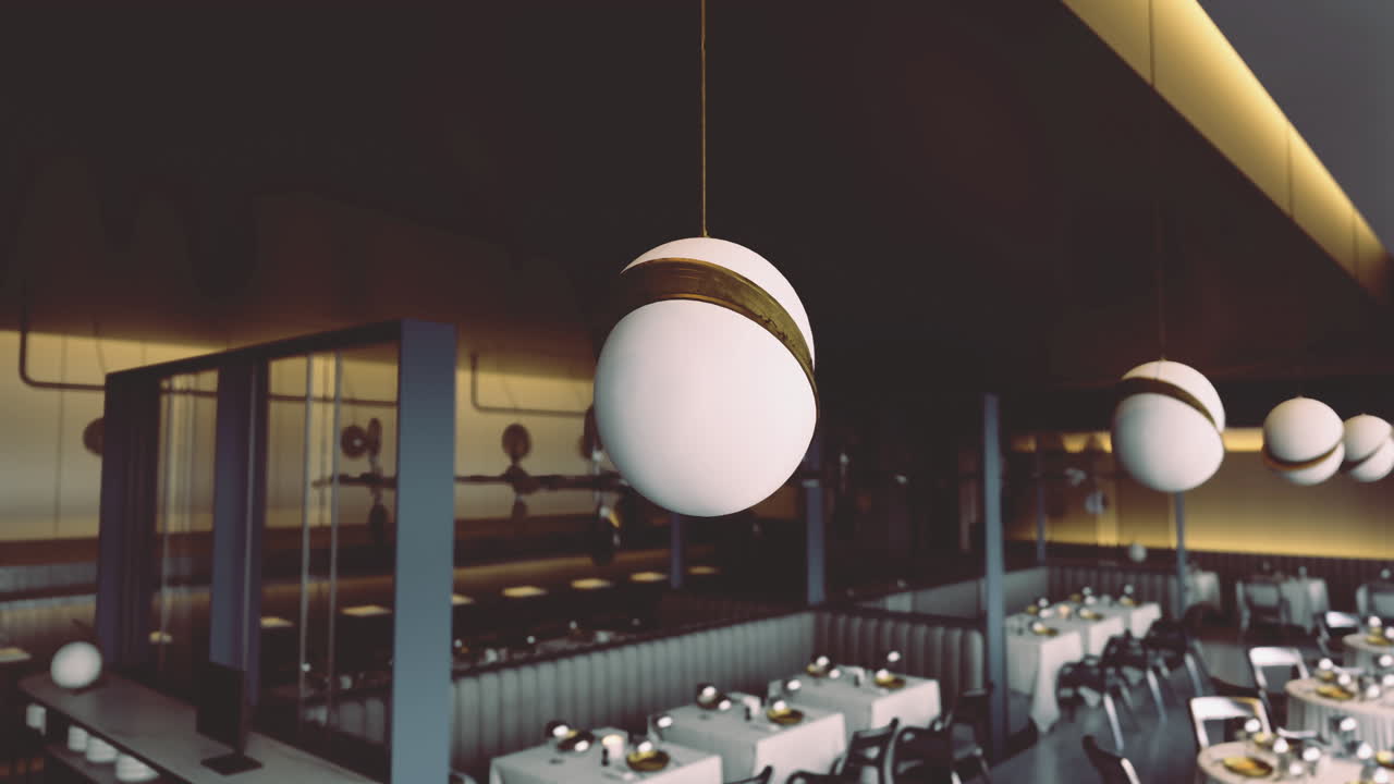 Modern restaurant interior with unique pendant lighting and elegant decor