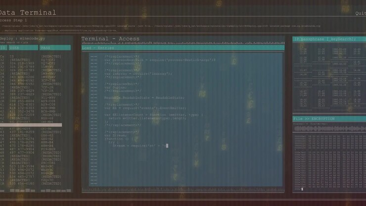Central terminal editor fading from dark, filling code and updating status panels for technology
