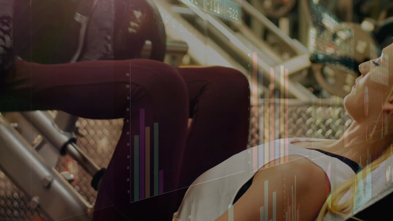 Woman performing leg press exercise in fitness gym, displaying floating bar charts, stock tickers