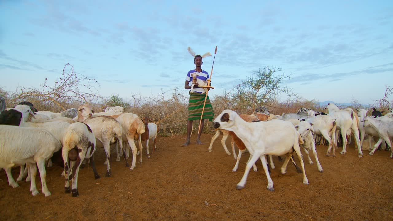 Karamojong Man Holding Baby Goat In Uganda, Africa - Static Shot