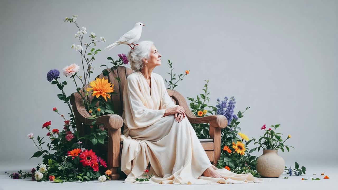 Elegant Senior Woman Surrounded by Flowers