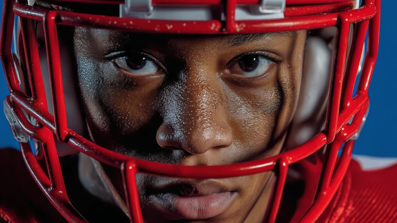 Concentrazione intensa e determinazione: primo piano di un giovane atleta con un casco da football che cattura lo spirito di sportività e coraggio