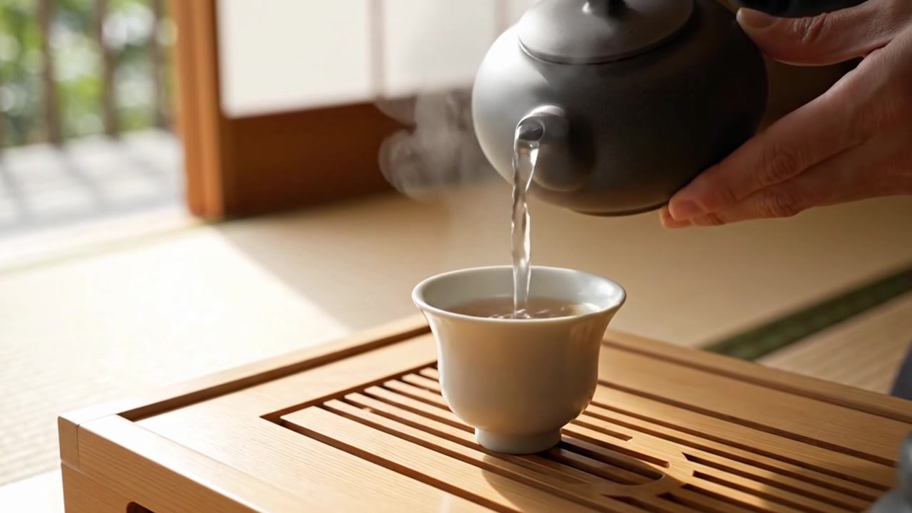 Persona che versa tè tradizionale durante una cerimonia zen