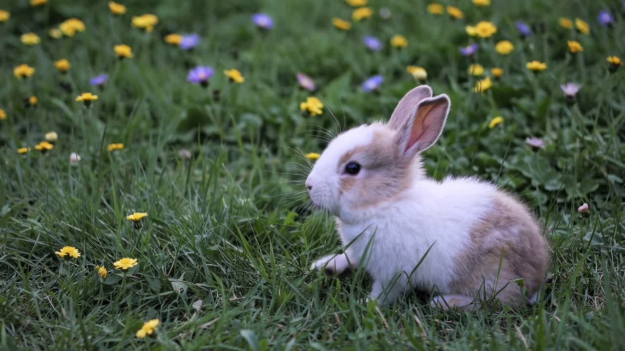 A close-up video captures a fluffy rabbit sitting in a meadow with vibrant wildflowers, shot