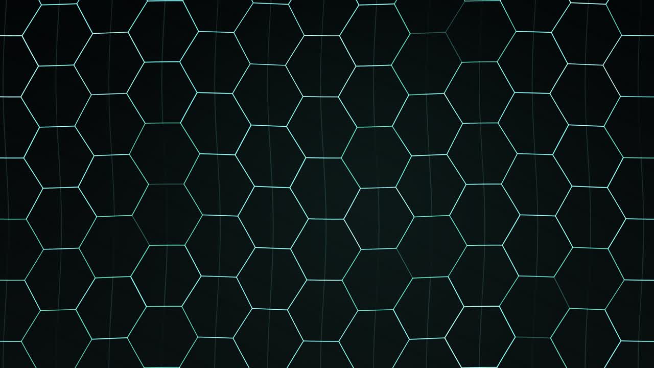 A black background with a grid of interconnected hexagons outlined in light blue, some hexagons containing a thin vertical line, creating a subtle 3D effect