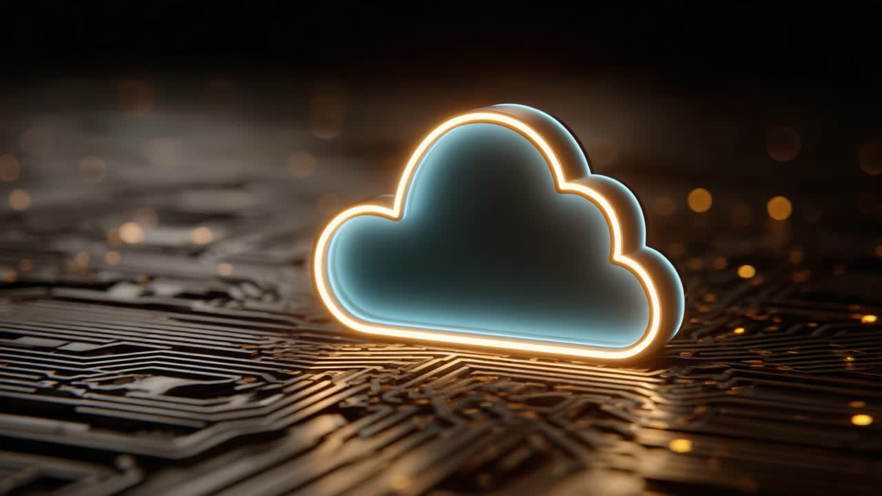 Set di simboli di nuvole luminose su sfondo di circuito stampato, che rappresentano la connettività digitale e le tecnologie di cloud computing in un ambiente futuristico