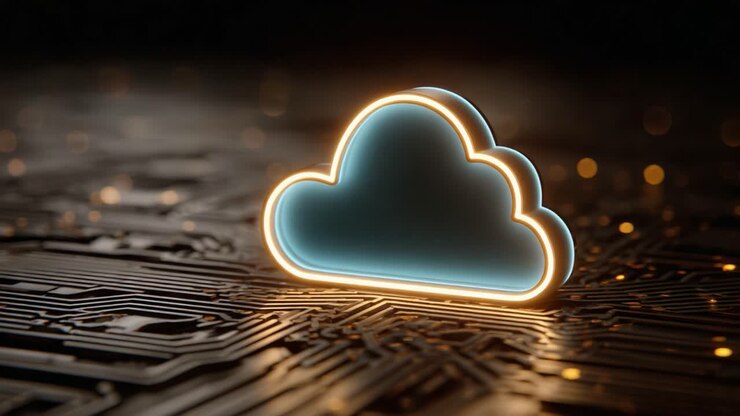 A Glowing Cloud Symbol Set Against a Circuit Board Background, Representing Digital Connectivity and Cloud Computing Technologies in a Futuristic Setting