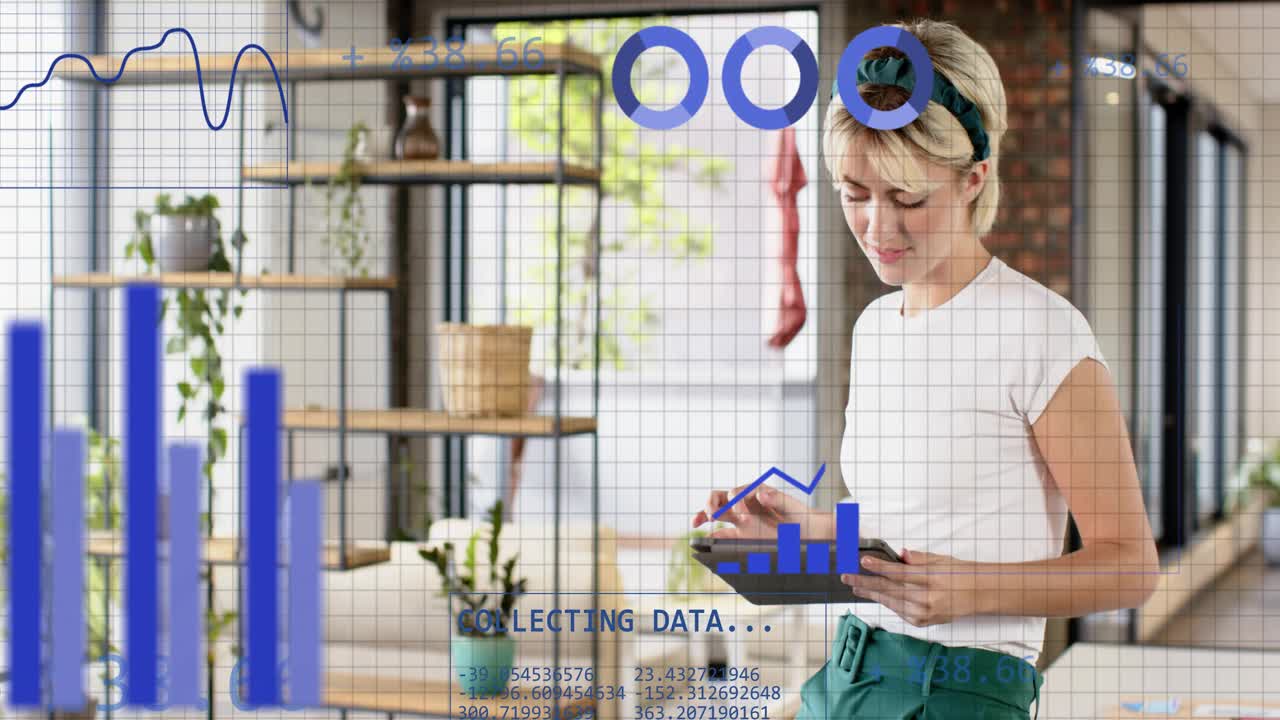 Adult woman tapping tablet in loft, causing blue bar, pie and rising line charts analysing data