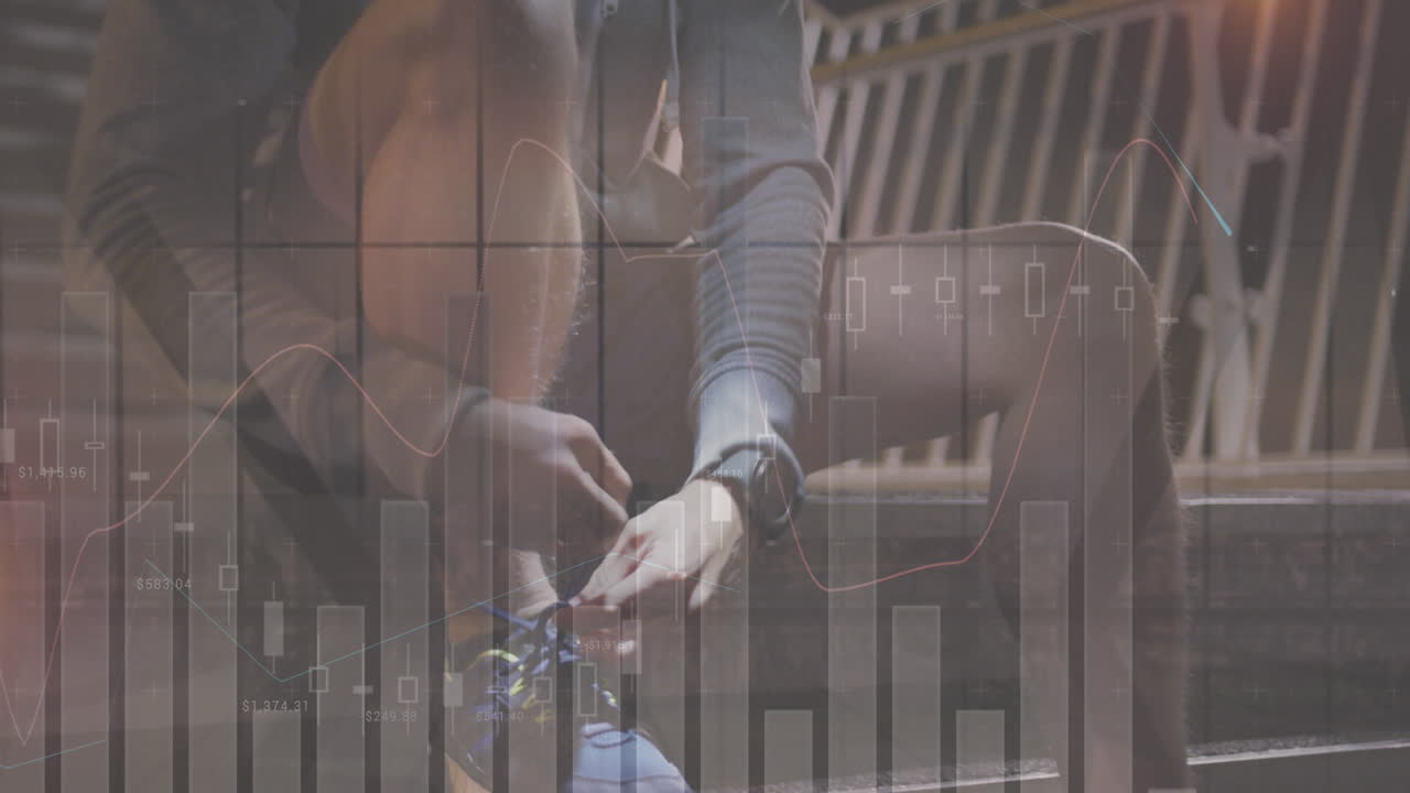 animación del procesamiento de estadísticas sobre un hombre caucásico atando los cordones de los zapatos durante la carrera nocturna de la ciudad