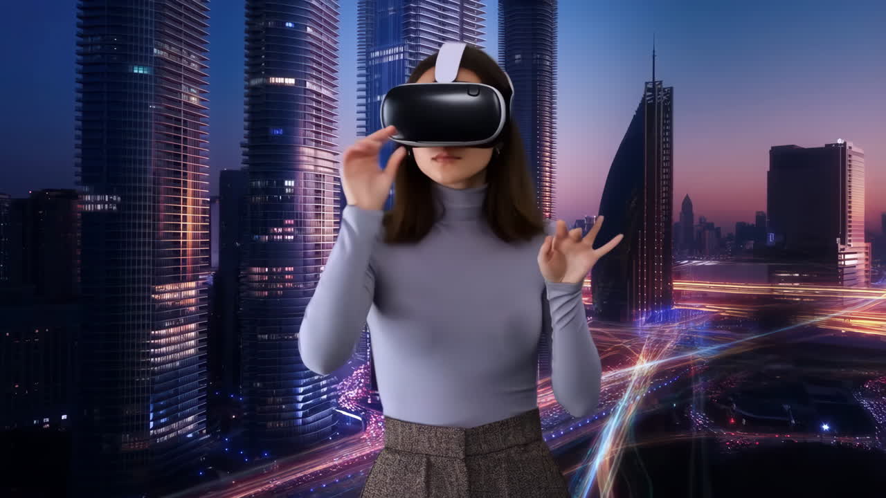 Woman Experiencing Virtual Reality in a Futuristic Cityscape