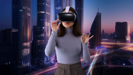 woman experiencing virtual reality in a futuristic cityscape
