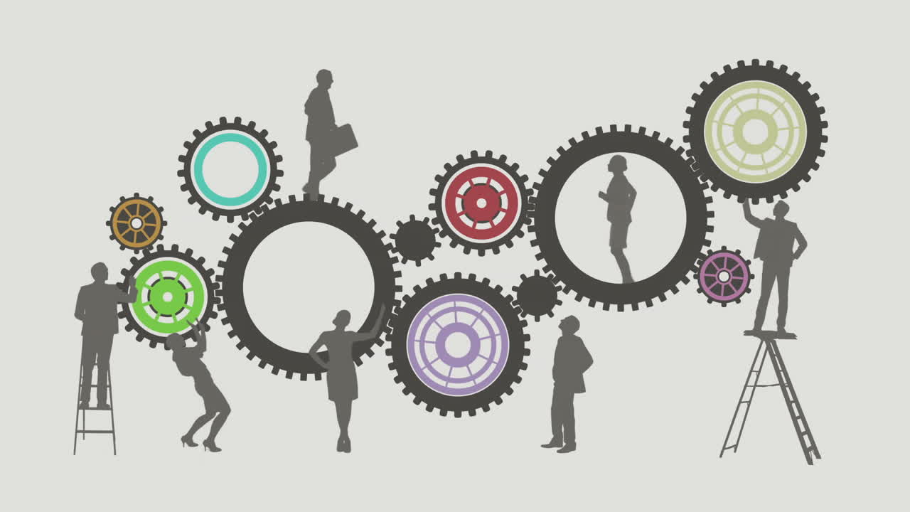 деловые люди бегут и поворачивают шестерни