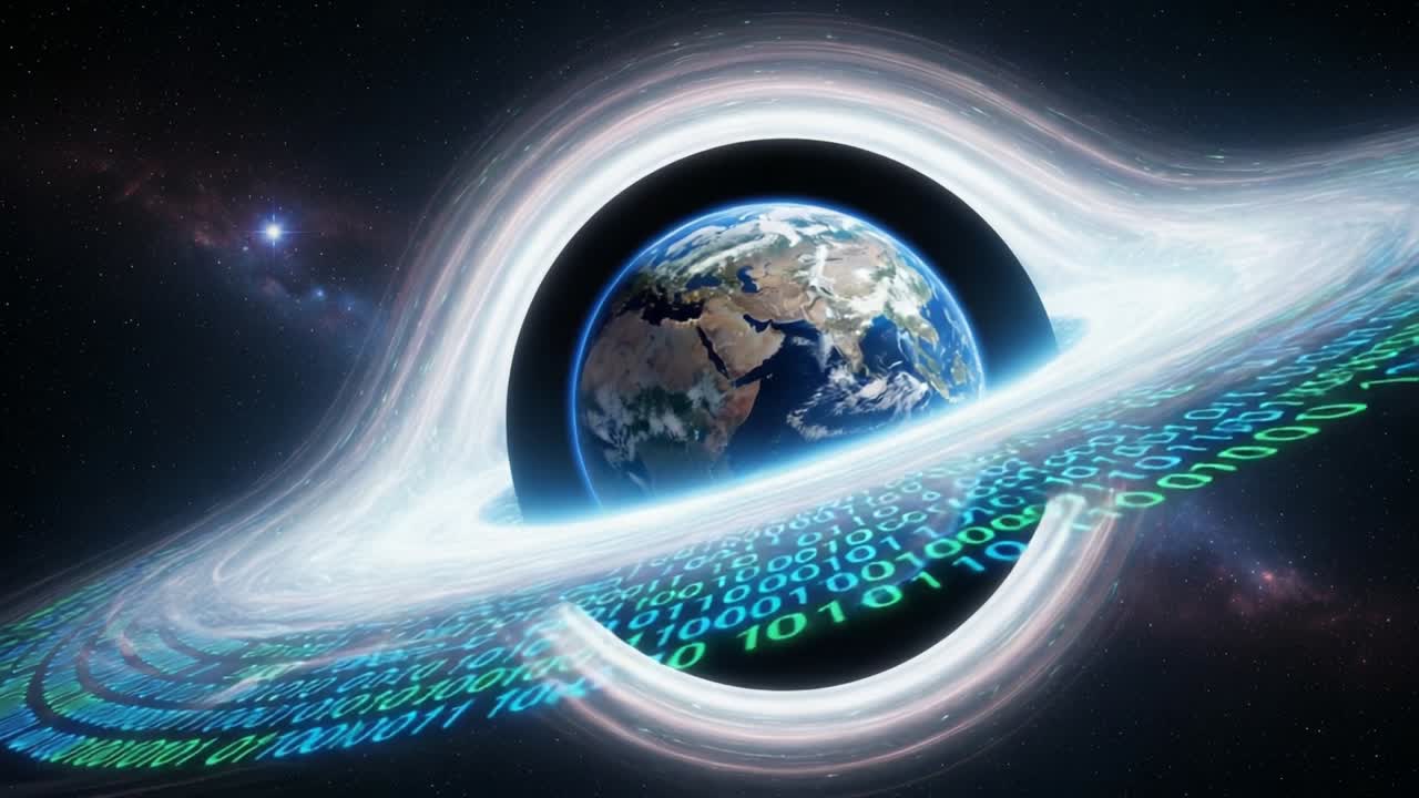 A Stunning Visual of Earth at the Center of a Black Hole Surrounded by Digital Data, Representing the Intersection of Science and Technology in a Cosmic Setting