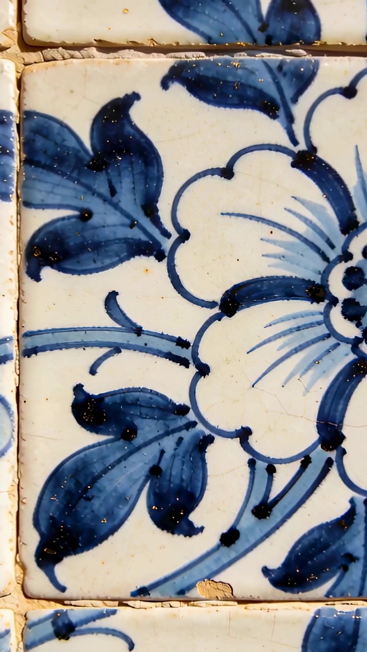 Video verticale: Telecamera in movimento che rivela piastrelle di ceramica blu sulla parete della cucina, mostrando segni di usura superficiale.