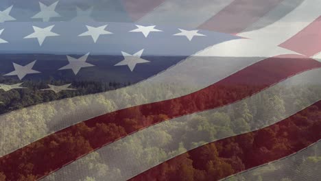 Animation-of-american-flag-over-aerial-view-of-forest