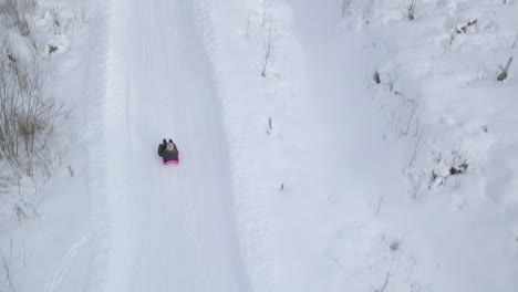 top down aerial of happy little girl on sled sliding down winter snow road