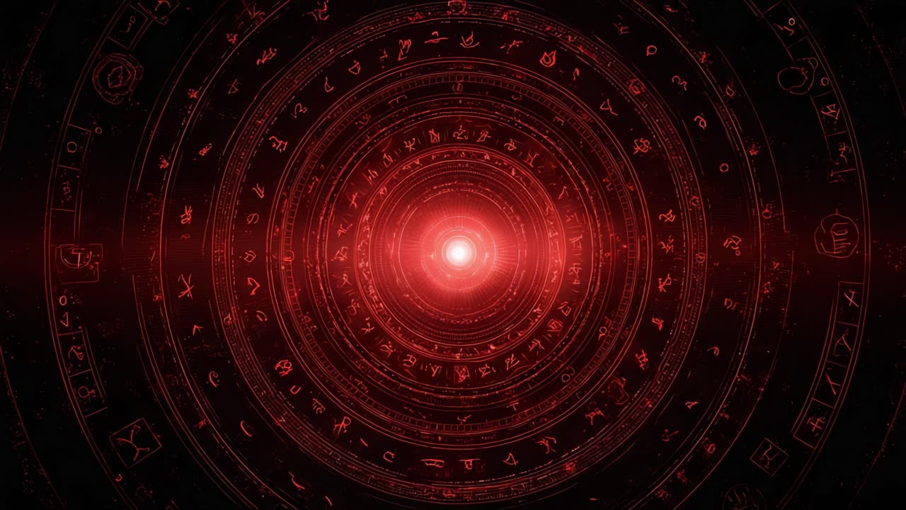 A mesmerizing and intricate cosmic diagram filled with ancient symbols and vibrant red aura, capturing the essence of mysticism and celestial energy radiating from the center amidst a darkened backdrop