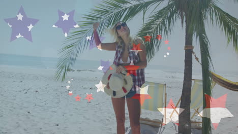 Standing-under-palm-tree-on-beach,-woman-holding-hat,-summer-vacation-animation