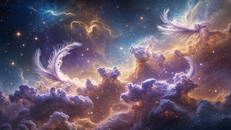 ethereal cosmic cloudscape with falling feathers and stars