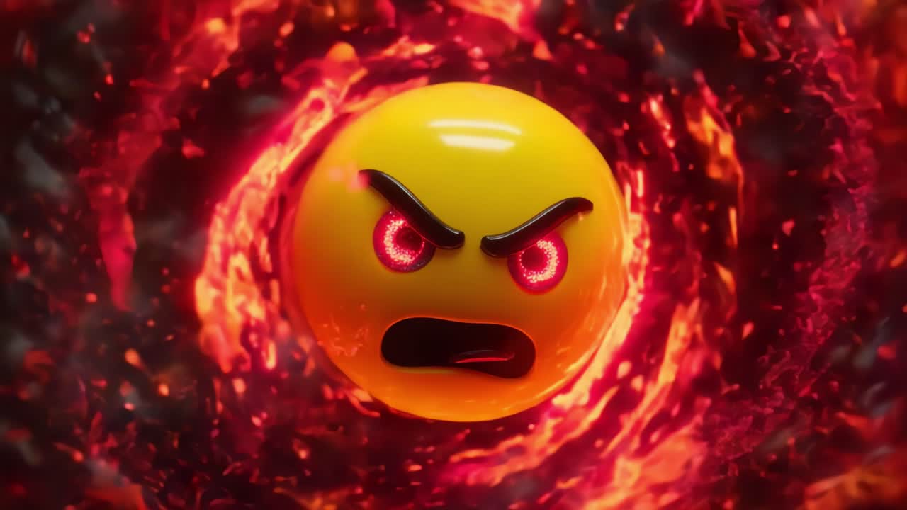 A vivid representation of anger is captured in these frames, showcasing an expressive emoji face engulfed in fiery energy, illustrating the intensity of strong emotions and reactions